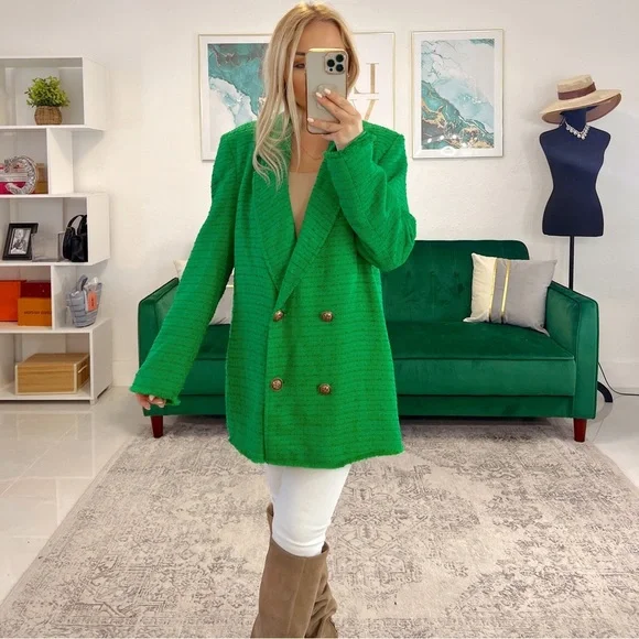 Zara Tweed Green Double Breasted Jacket - Picture 3 of 7